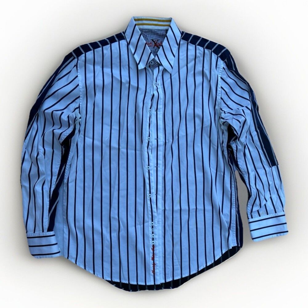 Robert Graham X Men Button Up Shirt XL Blue White Stripe FlipCuff Gingham Costal